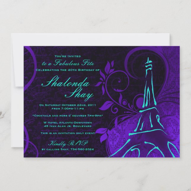 Damask Parisienne: Electric Teal & Purple Birthday Invitation (Front)