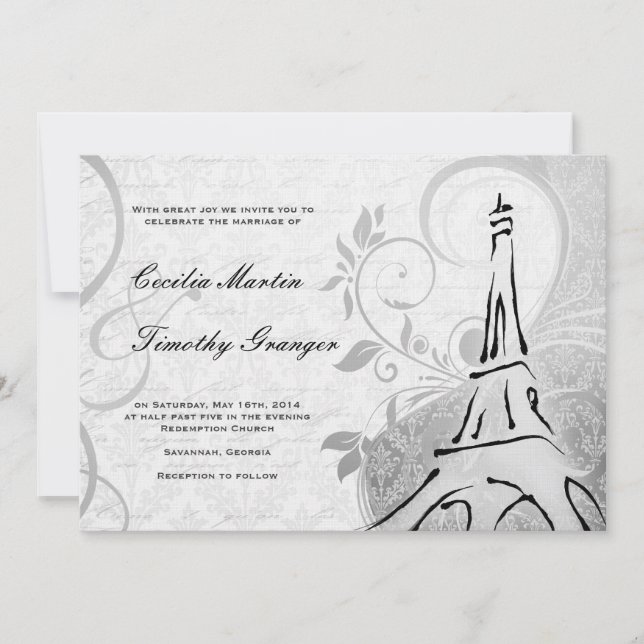 Damask Parisienne - Elegant Black & White Wedding Invitation (Front)