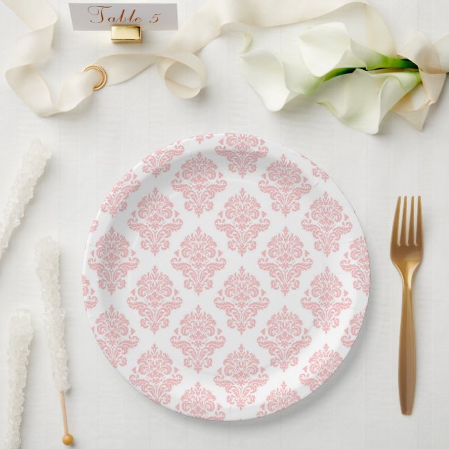 Damask Pastel Pink Peach Party Paper Plate (Wedding)