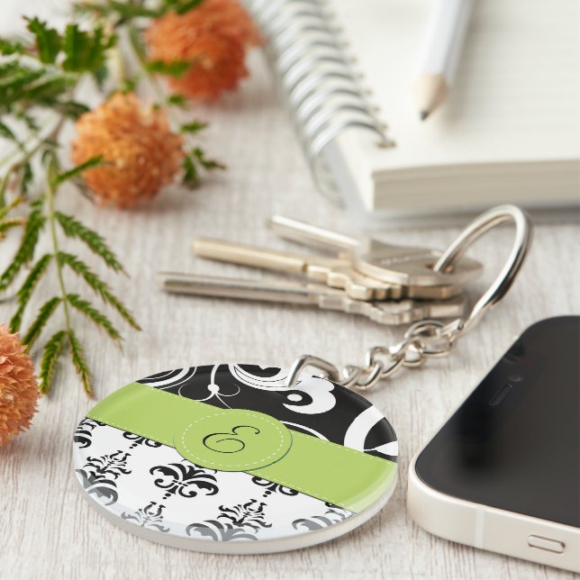 Damask Pattern, Black and White Damask, Monogram Key Ring (Front Right)
