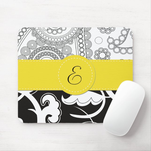 Damask Pattern, Black and White Damask, Monogram Mouse Mat (With Mouse)
