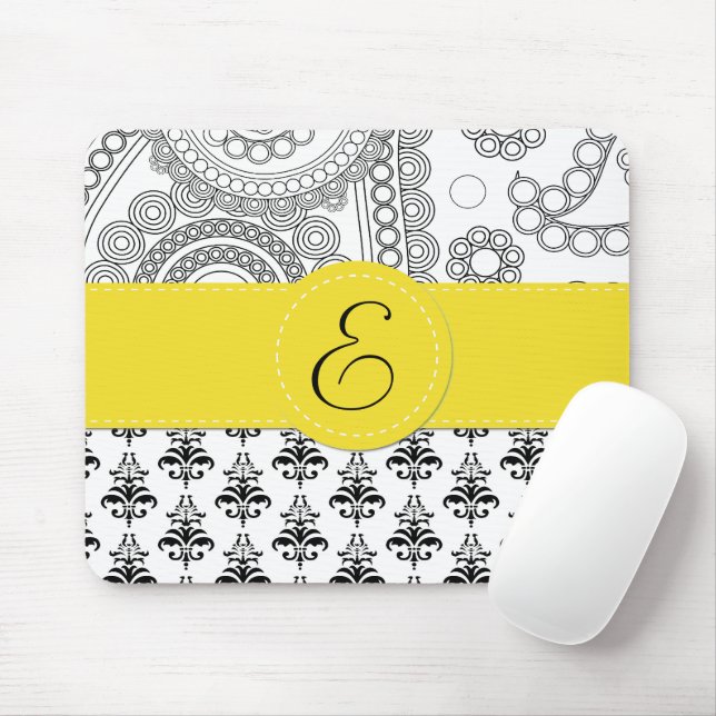 Damask Pattern, Black and White Damask, Monogram Mouse Mat (With Mouse)