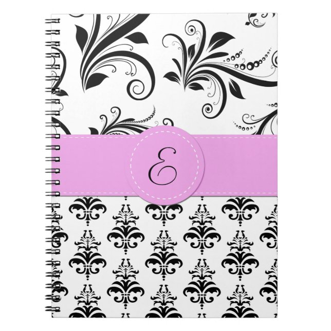 Damask Pattern, Black and White Damask, Monogram Notebook (Front)