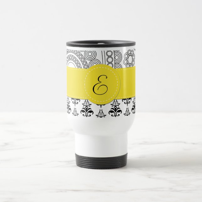 Damask Pattern, Black and White Damask, Monogram Travel Mug (Center)