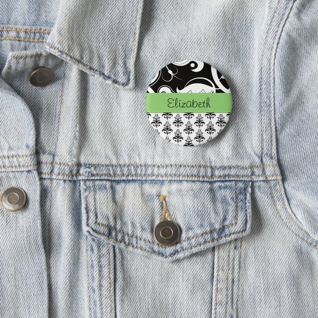 Damask Pattern, Black and White Damask, Your Name 6 Cm Round Badge (In Situ)