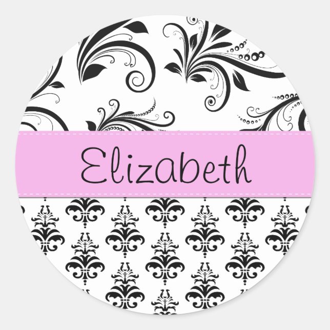 Damask Pattern, Black and White Damask, Your Name Classic Round Sticker (Front)