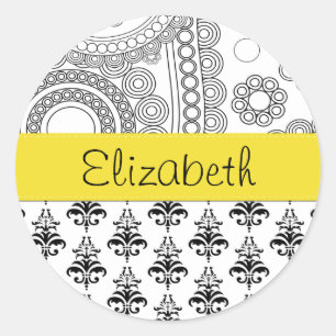 Damask Pattern, Black and White Damask, Your Name Classic Round Sticker