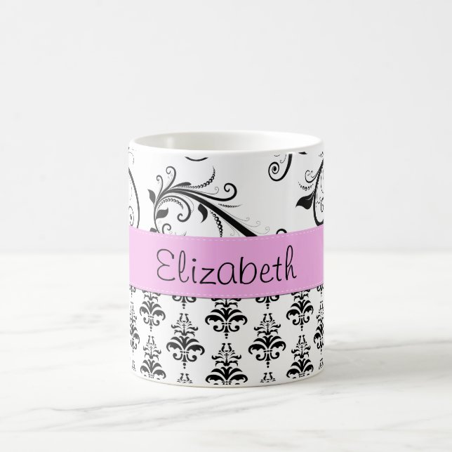 Damask Pattern, Black and White Damask, Your Name Coffee Mug (Center)