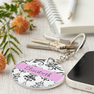 Damask Pattern, Black and White Damask, Your Name Key Ring