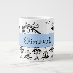 Damask Pattern, Black and White Damask, Your Name Large Coffee Mug