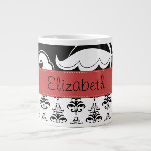 Damask Pattern, Black and White Damask, Your Name Large Coffee Mug