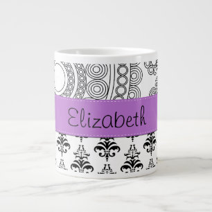 Damask Pattern, Black and White Damask, Your Name Large Coffee Mug