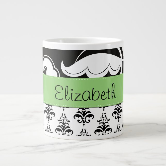 Damask Pattern, Black and White Damask, Your Name Large Coffee Mug (Front)