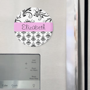 Damask Pattern, Black and White Damask, Your Name Magnet