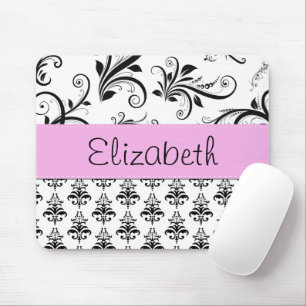 Damask Pattern, Black and White Damask, Your Name Mouse Mat