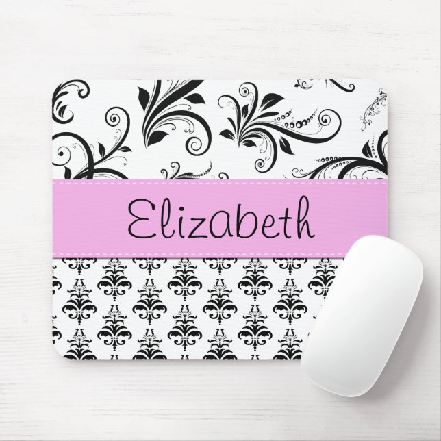 Damask Pattern, Black and White Damask, Your Name Mouse Mat (With Mouse)
