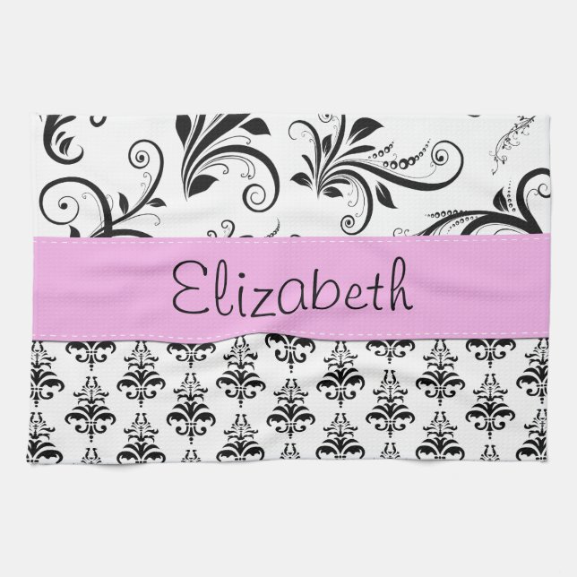 Damask Pattern, Black and White Damask, Your Name Tea Towel (Horizontal)