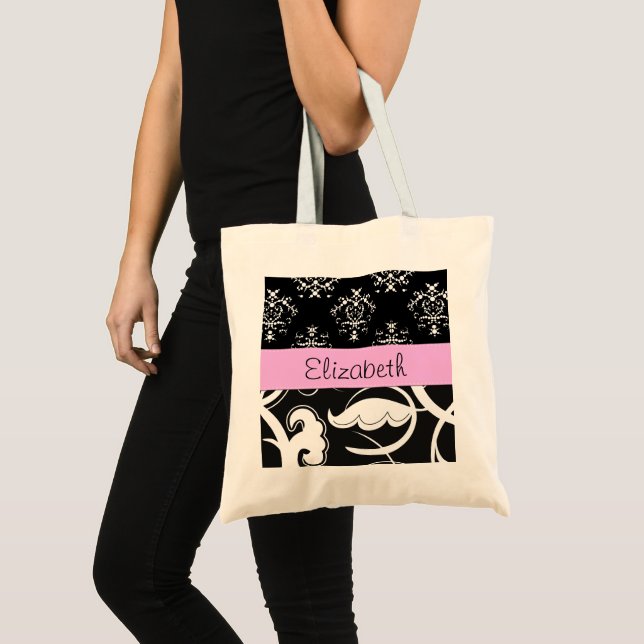 Damask Pattern, Black and White Damask, Your Name Tote Bag (Front (Product))
