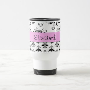 Damask Pattern, Black and White Damask, Your Name Travel Mug
