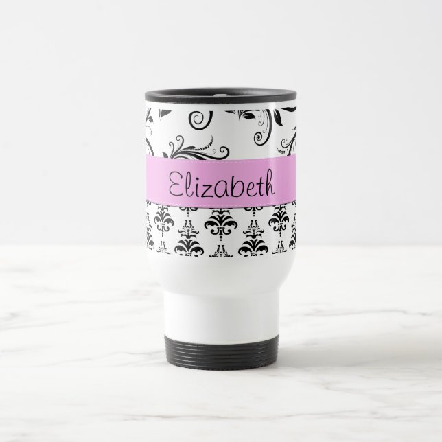 Damask Pattern, Black and White Damask, Your Name Travel Mug (Center)