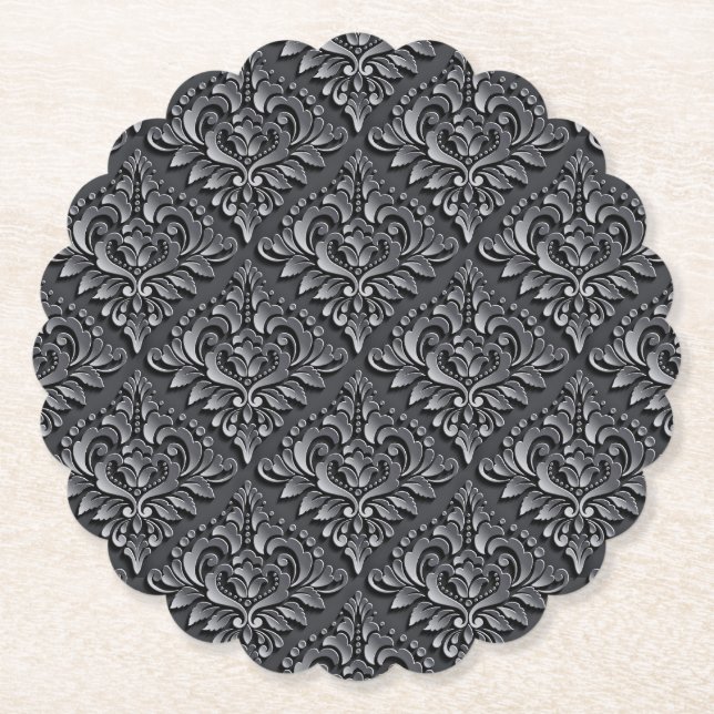 Damask Pattern Black Background-23961 Paper Coaster (Front)