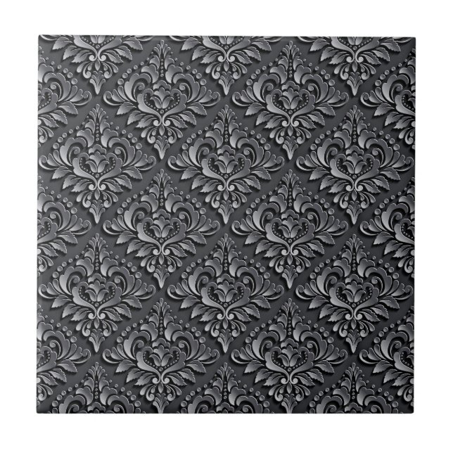 Damask Pattern Black Background-23961 Tile (Front)