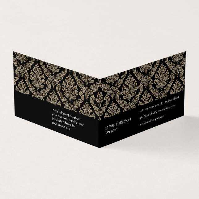 Damask Pattern Black Background Business Card (Outside)