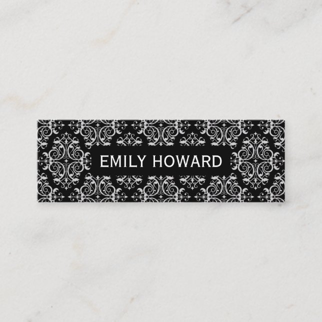 Damask Pattern Black Mini Business Card (Front)