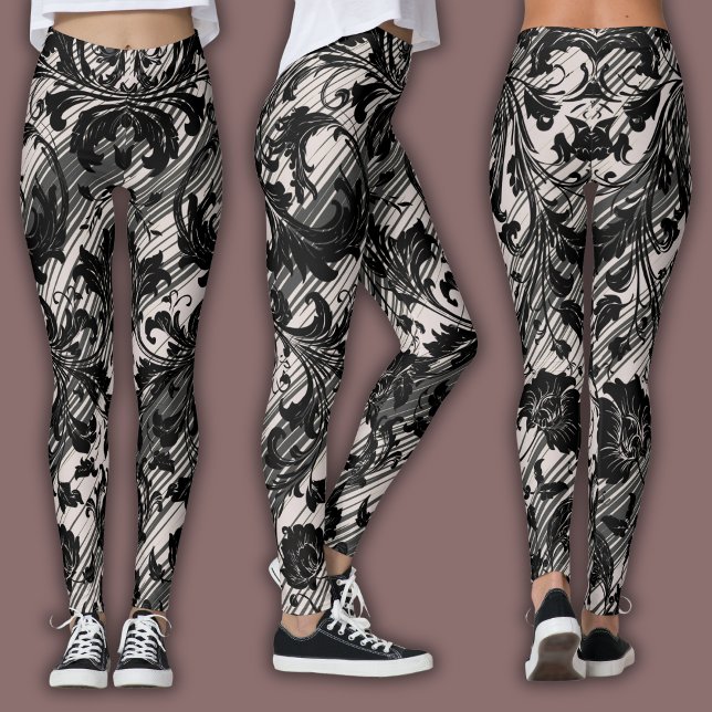 Damask Pattern | Black & Natural Beige Leggings (Creator Uploaded)