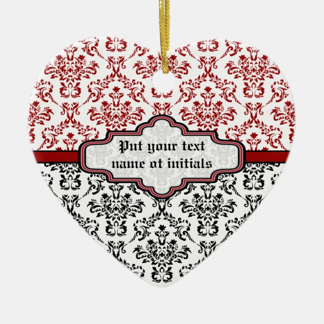 Damask pattern black red white custom ornament (Front)
