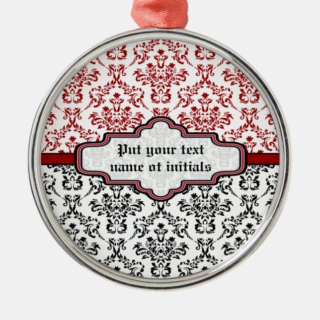 Damask pattern black red white custom ornament (Front)