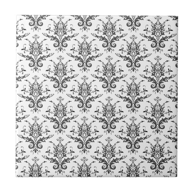 Damask Pattern Black & White, Grey Tile (Front)