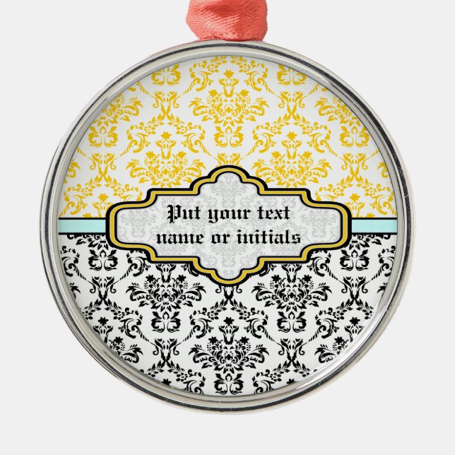Damask pattern black white yellow aqua ornament (Front)