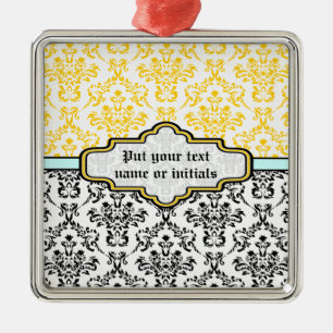 Damask pattern black white yellow aqua ornament