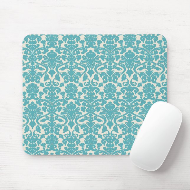 Damask Pattern, Blue Damask, French Damask Mouse Mat (With Mouse)