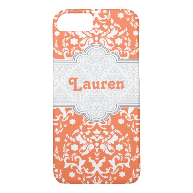Damask pattern coral, white cute girly Case-Mate iPhone case (Back)