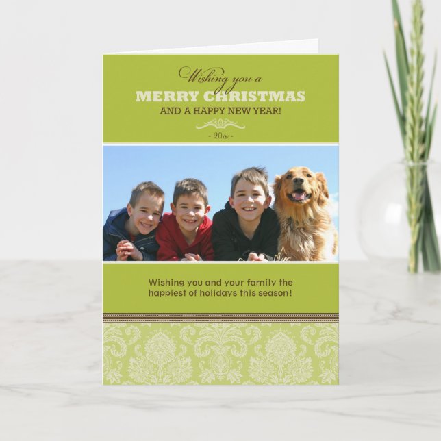 Damask Pattern Custom Family Holiday Card (lime) (Front)