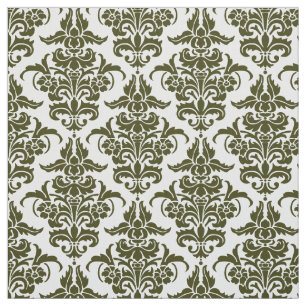Damask Pattern - Dark Olive on White Fabric