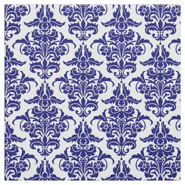Damask Pattern - Deep Navy Blue on White Fabric (Swatch)