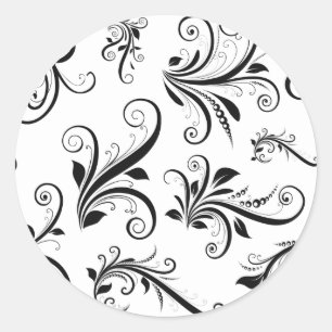 Damask Pattern, French Damask, Black and White Classic Round Sticker