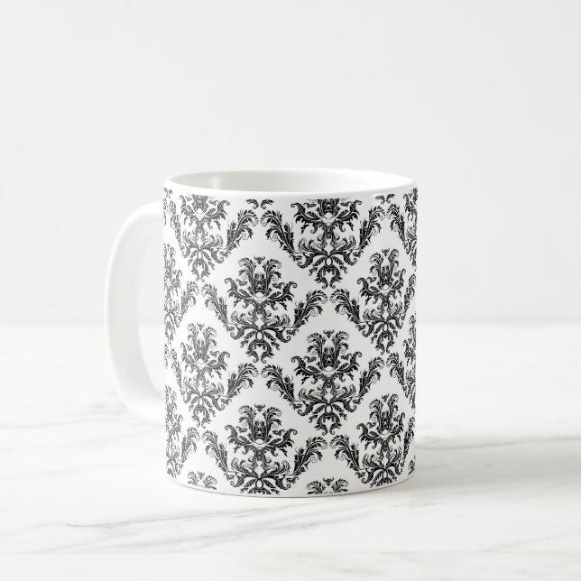 Damask Pattern, French Damask, Black and White Coffee Mug (Front Left)