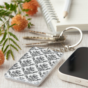 Damask Pattern, French Damask, Black and White Key Ring