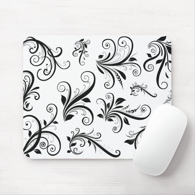 Damask Pattern, French Damask, Black and White Mouse Mat (With Mouse)