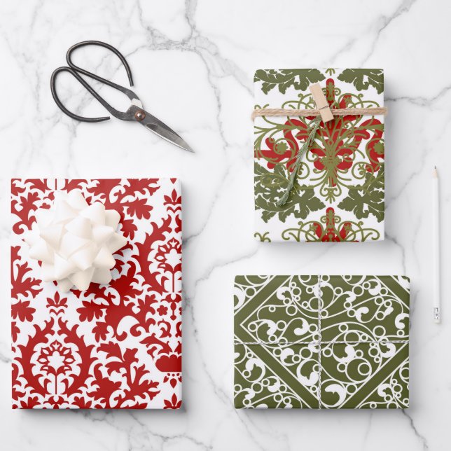 Damask Pattern Green Red White Christmas  Wrapping Paper Sheet (Front)
