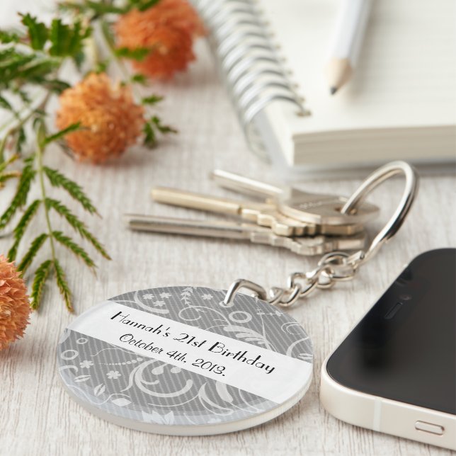 Damask Pattern, Grey Damask, Birthday Party Key Ring (Front Right)