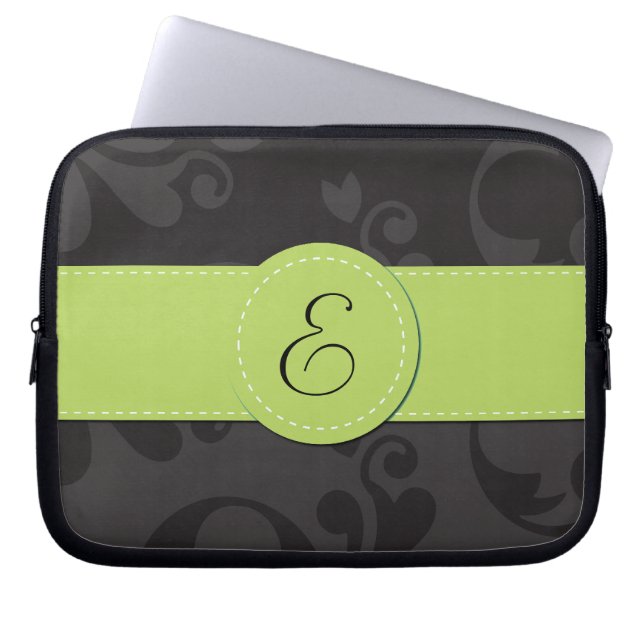 Damask Pattern, Grey Damask, Monogram Laptop Sleeve (Front)