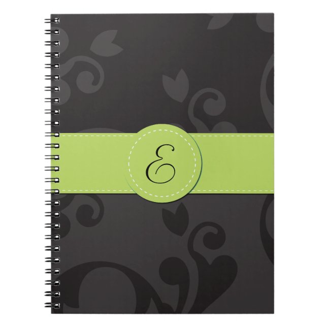 Damask Pattern, Grey Damask, Monogram Notebook (Front)