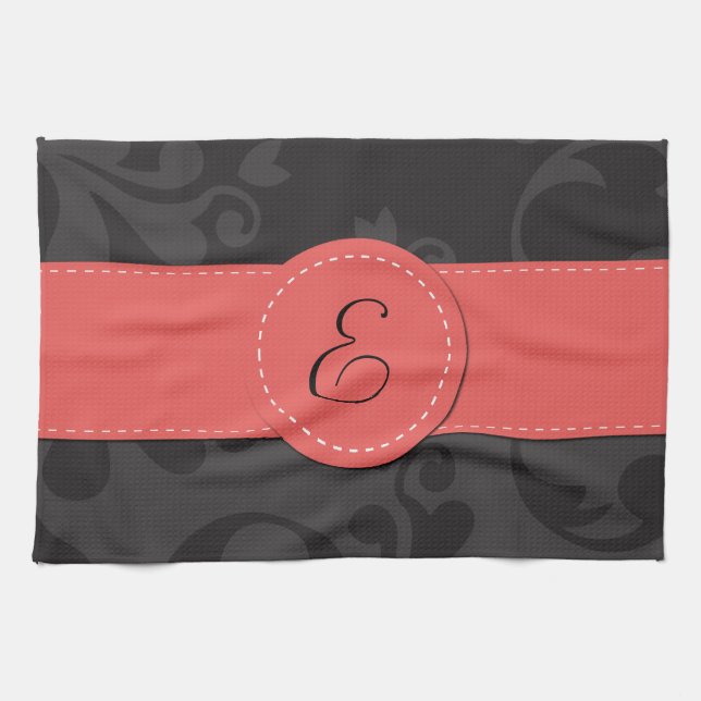 Damask Pattern, Grey Damask, Monogram Tea Towel (Horizontal)