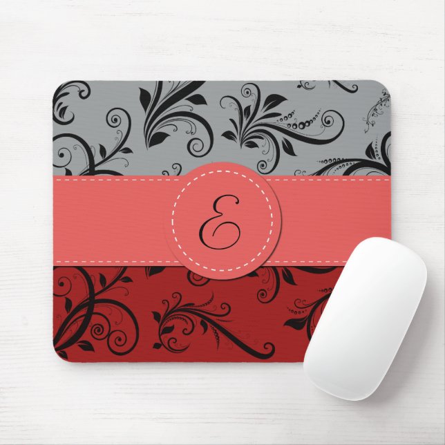Damask Pattern, Grey Damask, Red Damask, Monogram Mouse Mat (With Mouse)