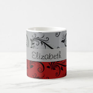 Damask Pattern, Grey Damask, Red Damask, Your Name Coffee Mug